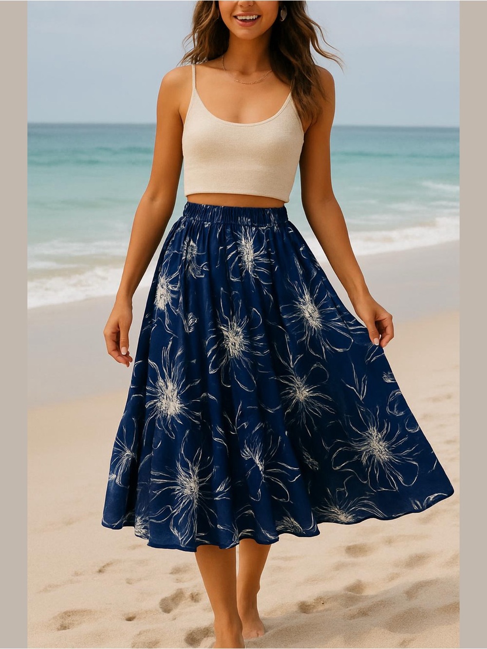 Navy Floral Pleated Midi women’s Skirt Size M Flowy Vacation Europe Boho